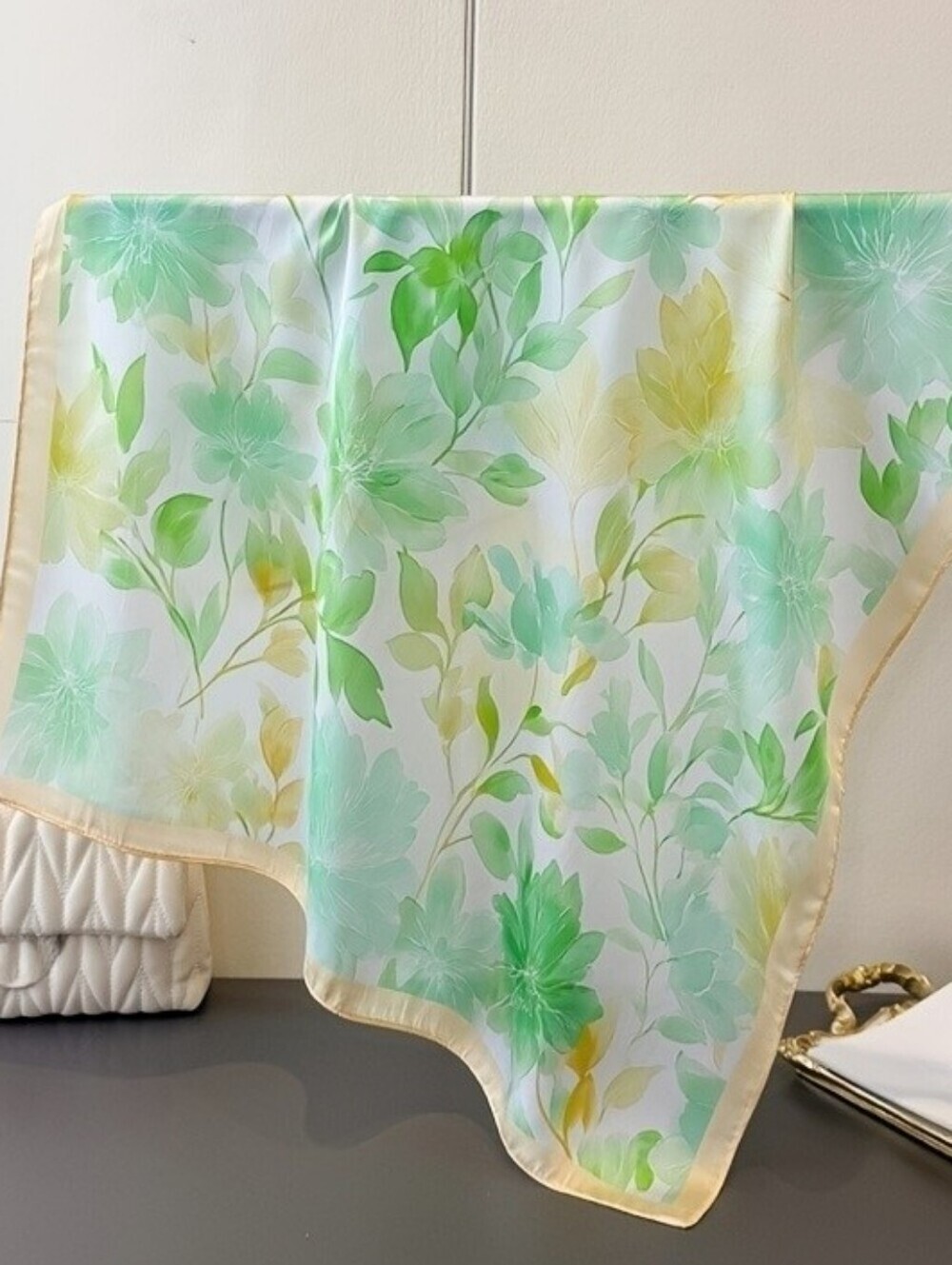 Silk-feel Green Floral Scarf - Elegant Women's Head Scarf, Neck Scarf 70×70cm - Picture 3 of 4